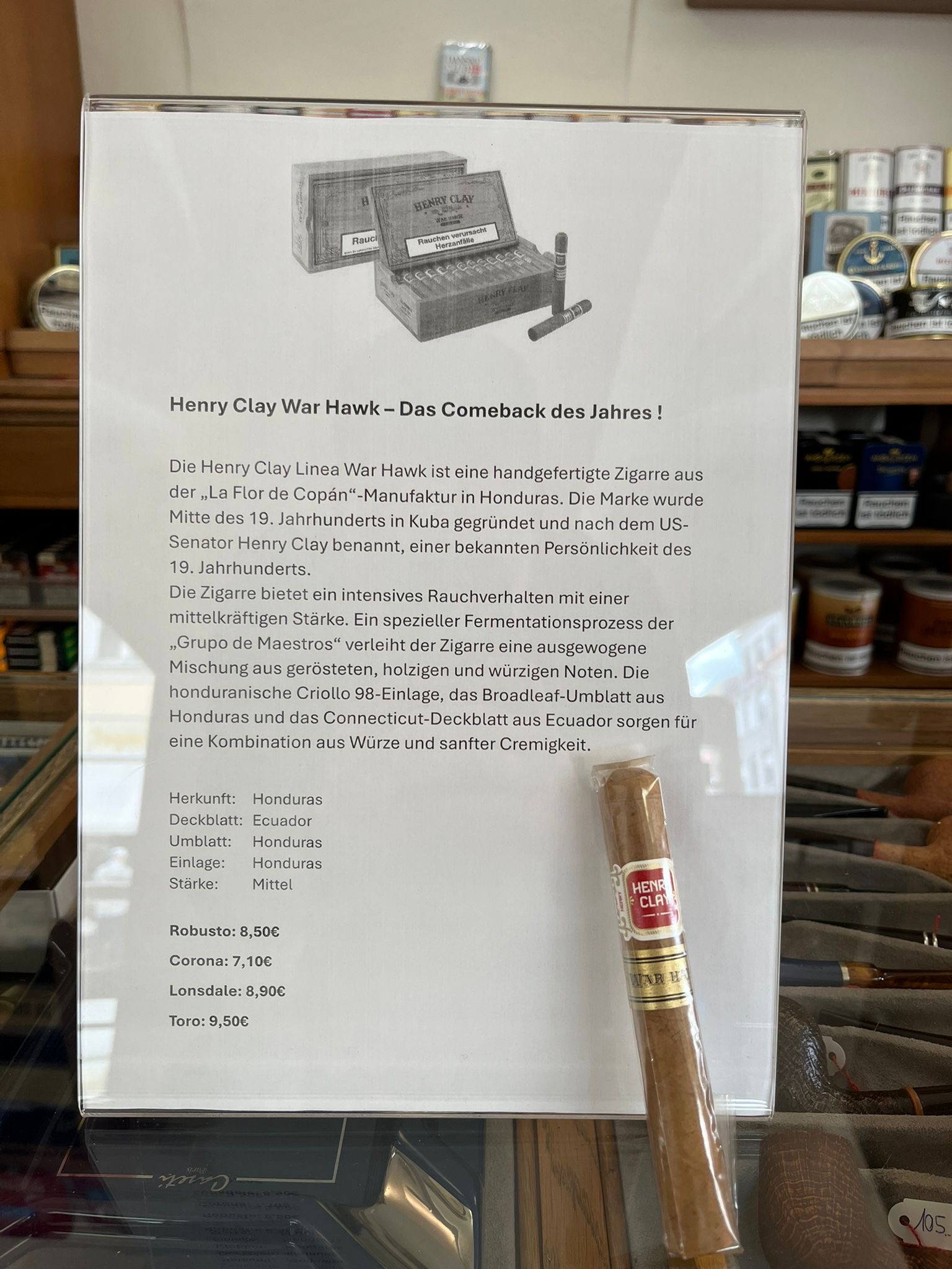 Zigarre des Monats: Henry Clay War Hawk - Robusto € 8.50 - Corona € 7.10 - Lonsdale € 8.90 - Toro € 9.50